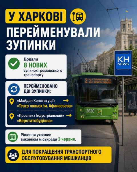 У Харкові перейменували дві зупинки громадського транспорту та додали вісім нових
