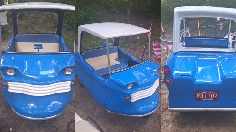 Три зображення Electric Shopper 1961 року, зроблені сумнівно, яскраво-синього кольору на ґрунтовій дорозі в лісистій місцевості Мічигану