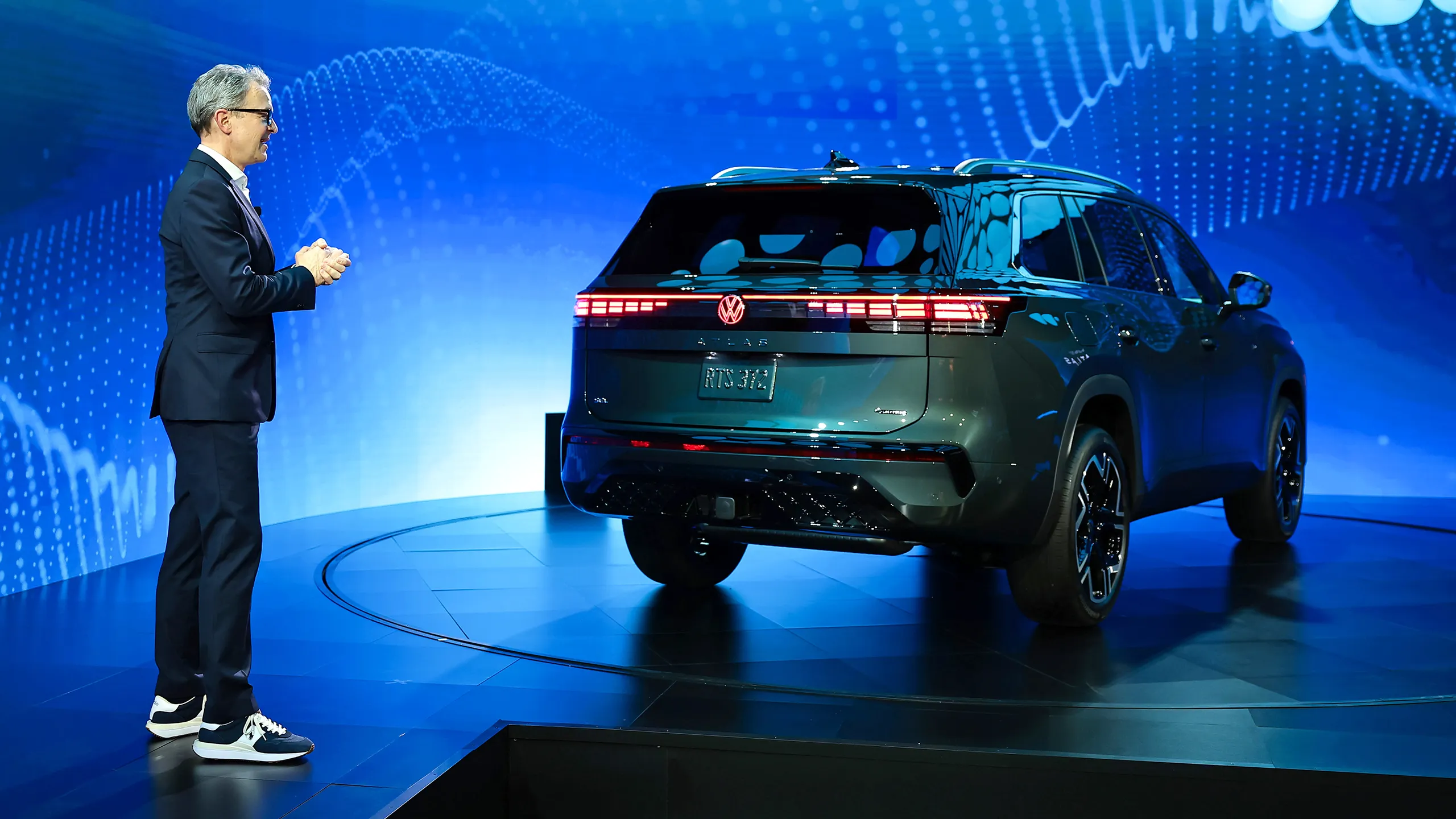 Volkswagen of America CEO Kjell Gruner introduces the new Atlas SUV on stage.