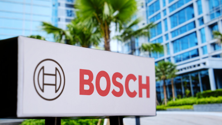 Jakarta - August 26, 2026: Robert Bosch GmbH signboard commonly known as Bosch (styled BOSCH), is a German multinational engineering and technology company owned by the Robert Bosch Stiftung.