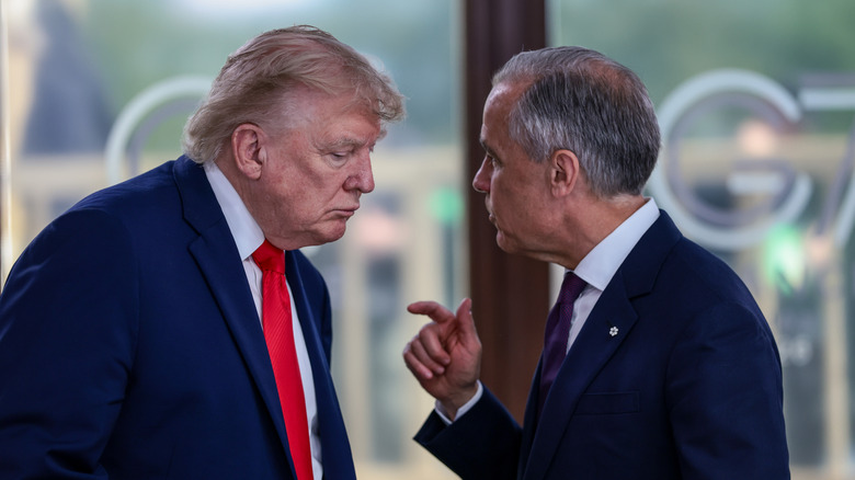 Президент США Дональд Трамп розмовляє з прем'єр-міністром Канади Марком Карні під час робочого обіду з лідерами G7 та Близького Сходу 16 червня 2026 року в Евіан-ле-Бен, Франція.