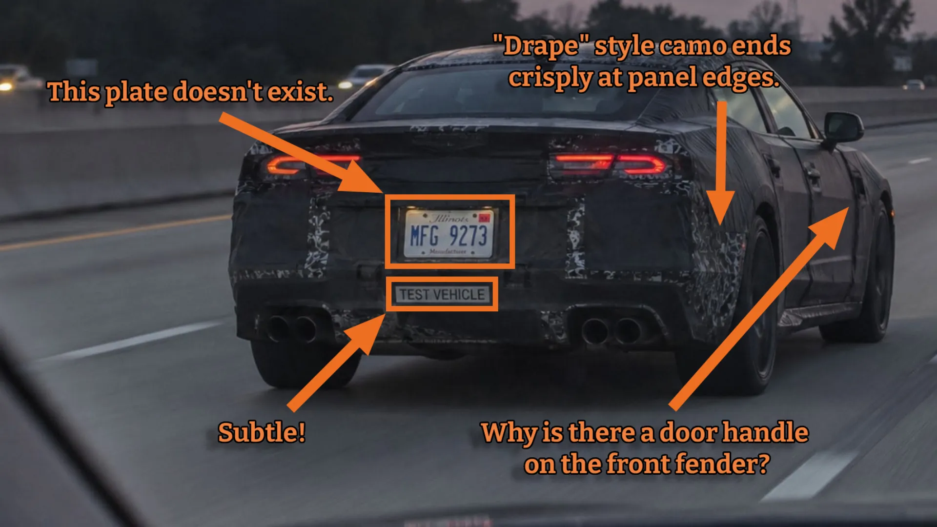 Fake Camaro prototype image, annotated.