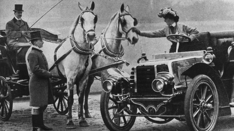 Фотографія 1904 року, на якій зображено коней поруч з автомобілем, а один з коней пещений водієм автомобіля