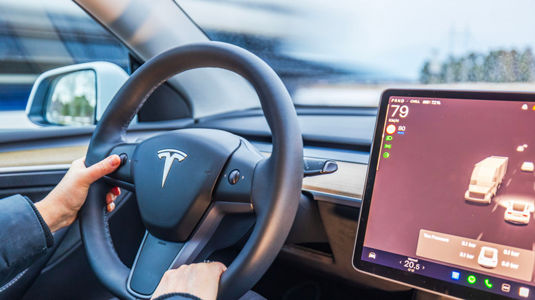 Жінка керує автомобілем, тримаючи руки на кермі Tesla Model Y
