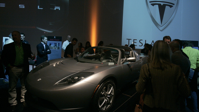 Tesla Roadster during Official Unveiling of the Tesla Roadster at Barker Hanger in Santa Monica, California, United States. (Photo by Chris Weeks/WireImage)