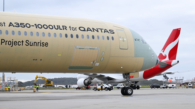 Airbus A350-1000ULR, що пролітає повз хвіст Qantas після посадки в аеропорту Мельбурна, здійснивши переліт з Тулузи, Франція, за 19 годин 12 хвилин 24 липня 2026 року в Мельбурні, Австралія.